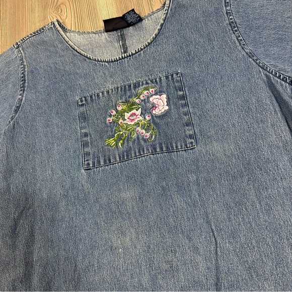Vintage Jane Ashley 90s Denim Dress with Floral Embroidery – Cottagecore XL - Picture 3 of 7